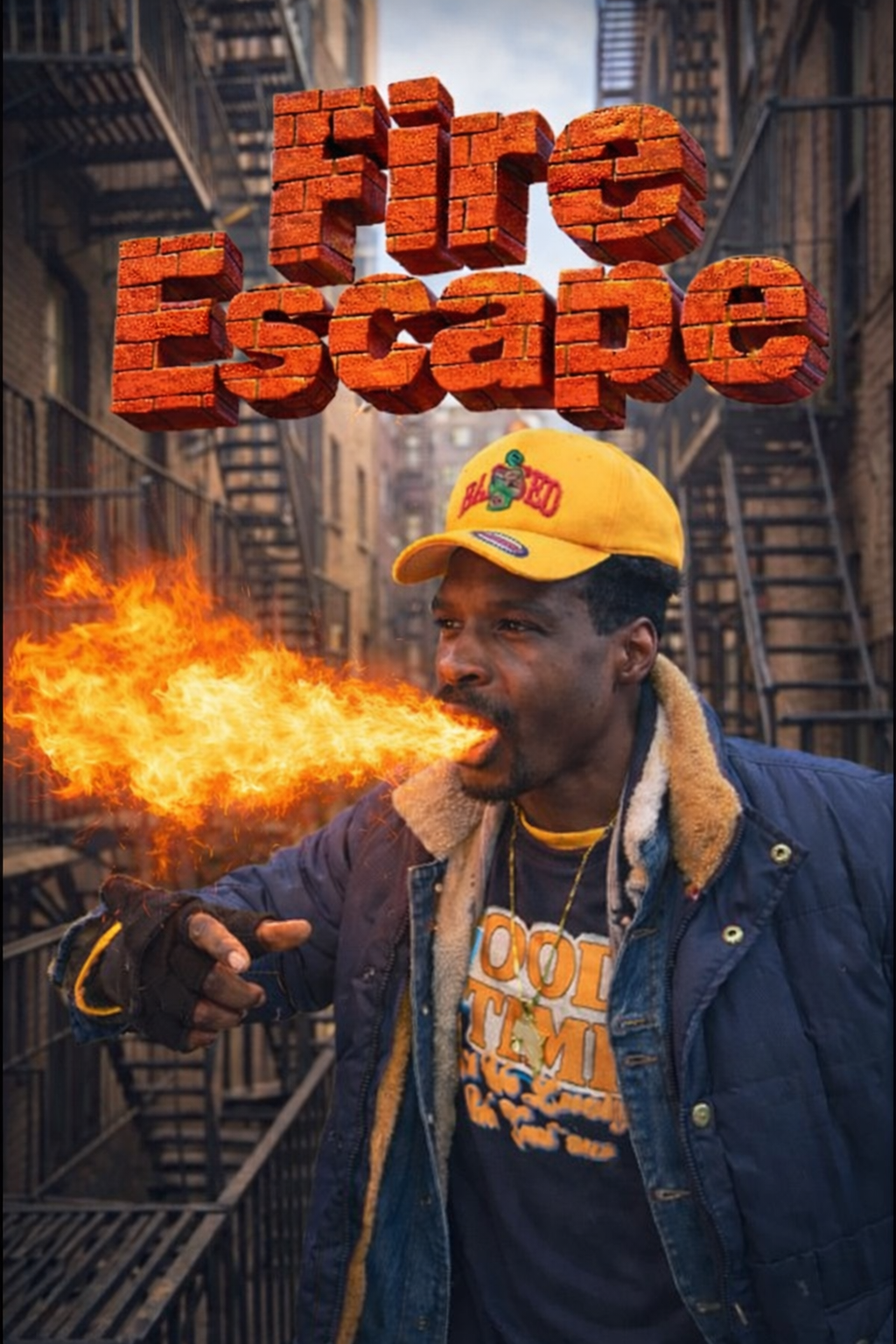 Fire Escape — Kong breathing fire on a New York fire escape.