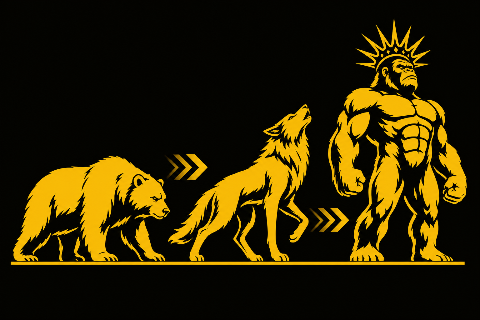 The evolution: a bear on all fours, then a wolf mid-stride, then a crowned Kong standing upright.