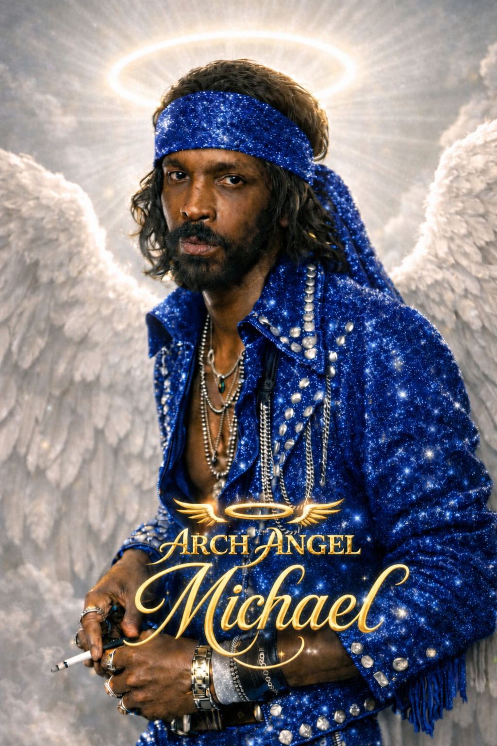 Pharon &ldquo;Kong&rdquo; Griffin Kinard depicted as the Archangel Michael, in sapphire and white wings.