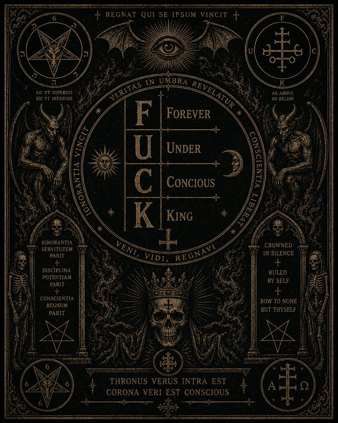 The first plate: F.U.C.K. — Forever Under Concious King — an occult broadside with Latin mottoes.