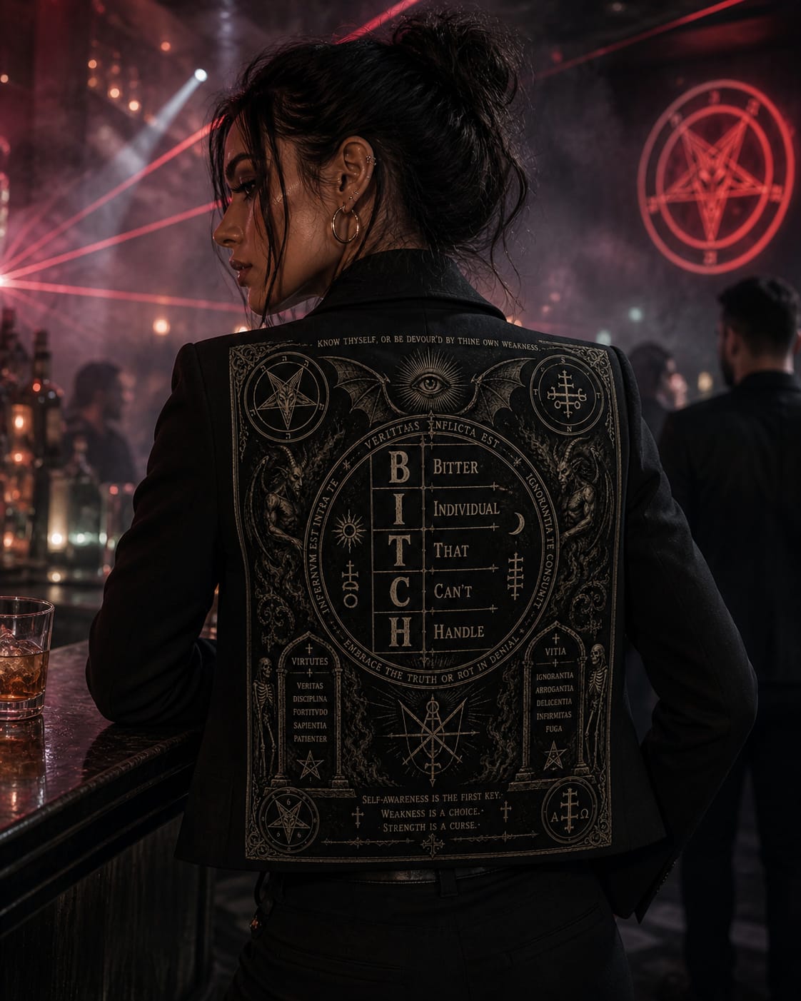The second plate, worn on a jacket: B.I.T.C.H. — Bitter Individual That Can't Handle.