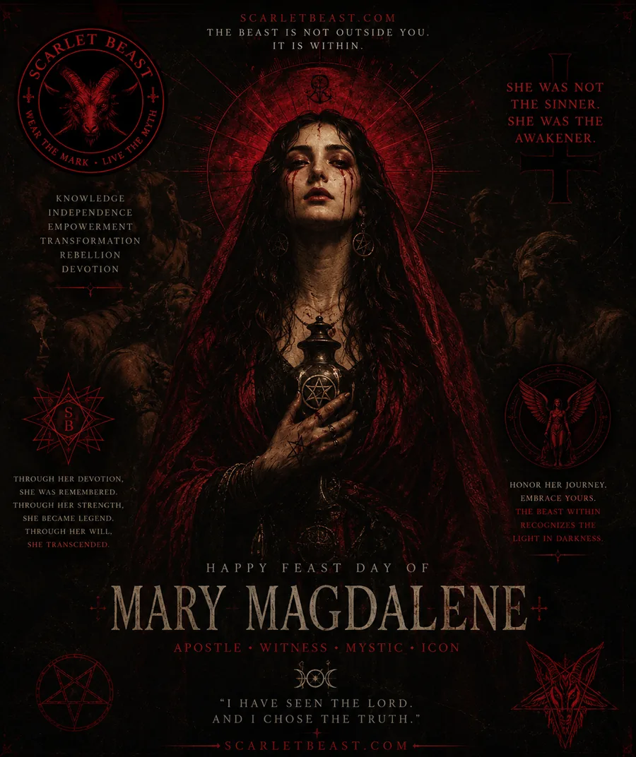 Happy Feast Day of Mary Magdalene &mdash; apostle, witness, mystic, icon. A veiled woman crowned with a scarlet halo holds an alabaster jar marked with a pentacle, above the words &lsquo;I have seen the Lord. And I chose the truth.&rsquo;