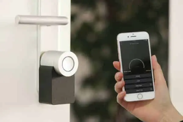 Modern smart lock door lock controlled via smartphone app.