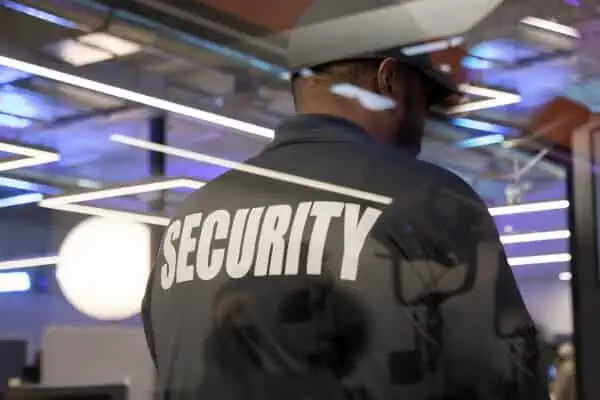 Security guard wearing uniform with "SECURITY" label in a modern training environment.
