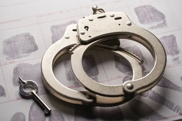 Handcuffs and fingerprint chart used in law enforcement training scenarios.