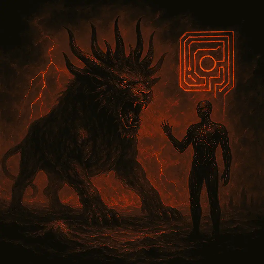 Mythical beast with human figure and digital circuit background in dark, fiery tones.