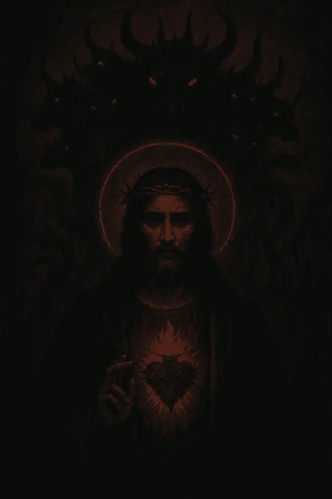 Dark depiction of Revelation 17 with ominous figures and symbolic imagery.