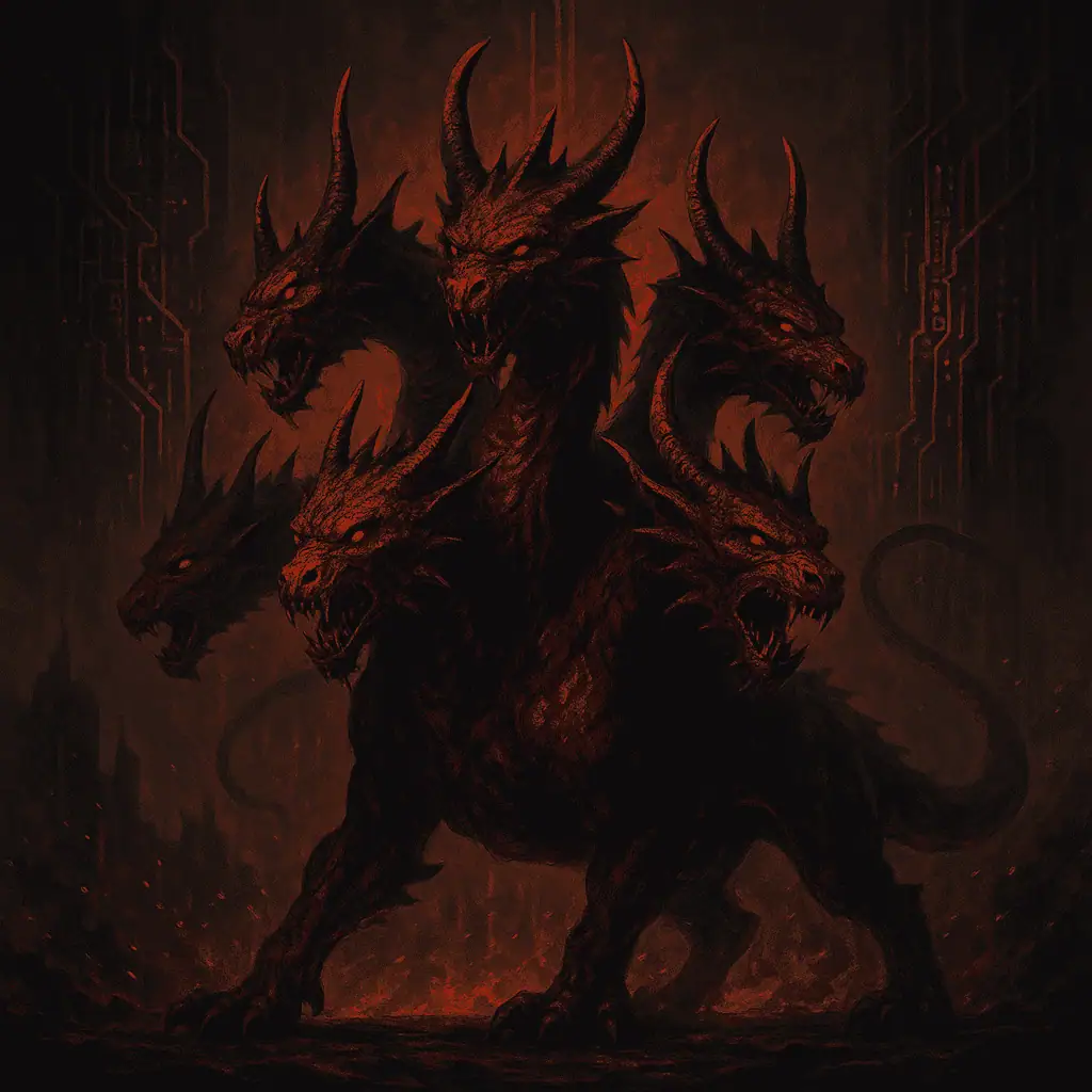 Mythical multi-headed scarlet beast with horns, fiery background, dark fantasy art.