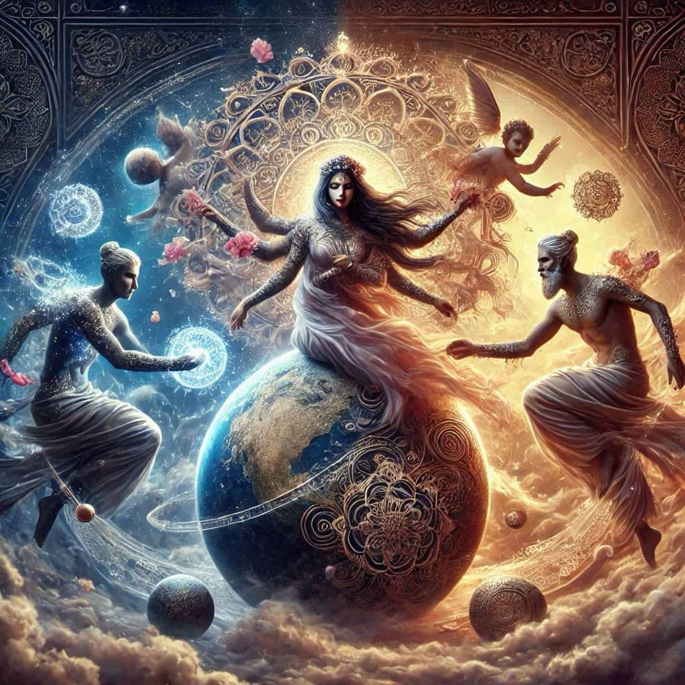 Celestial goddess surrounded by dancers and planets in a cosmic scene.