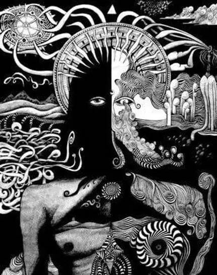 Intricate black and white illustration of a mythical creature with surreal elements and detailed pat.