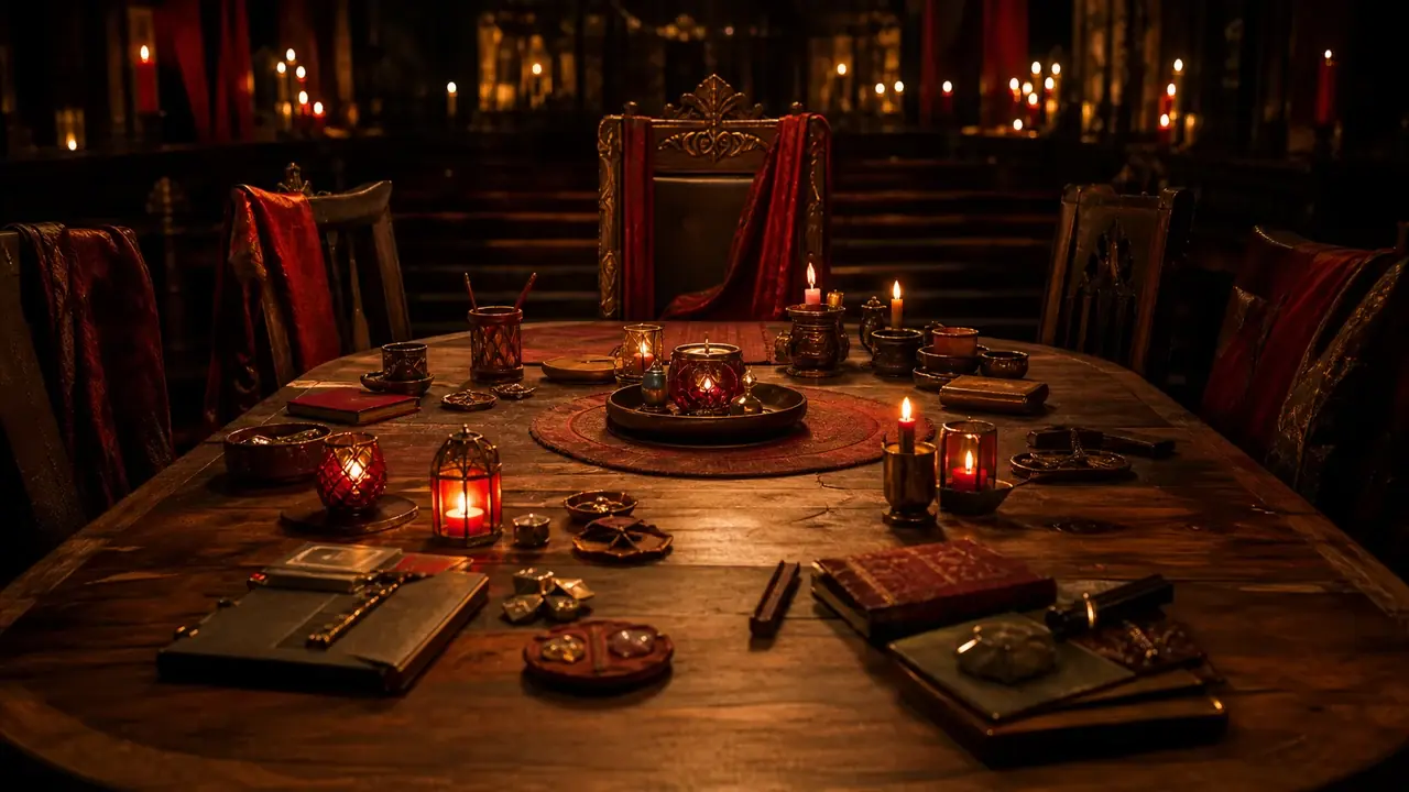 A candlelit table with an open seat for the Scarlet Beast covenant