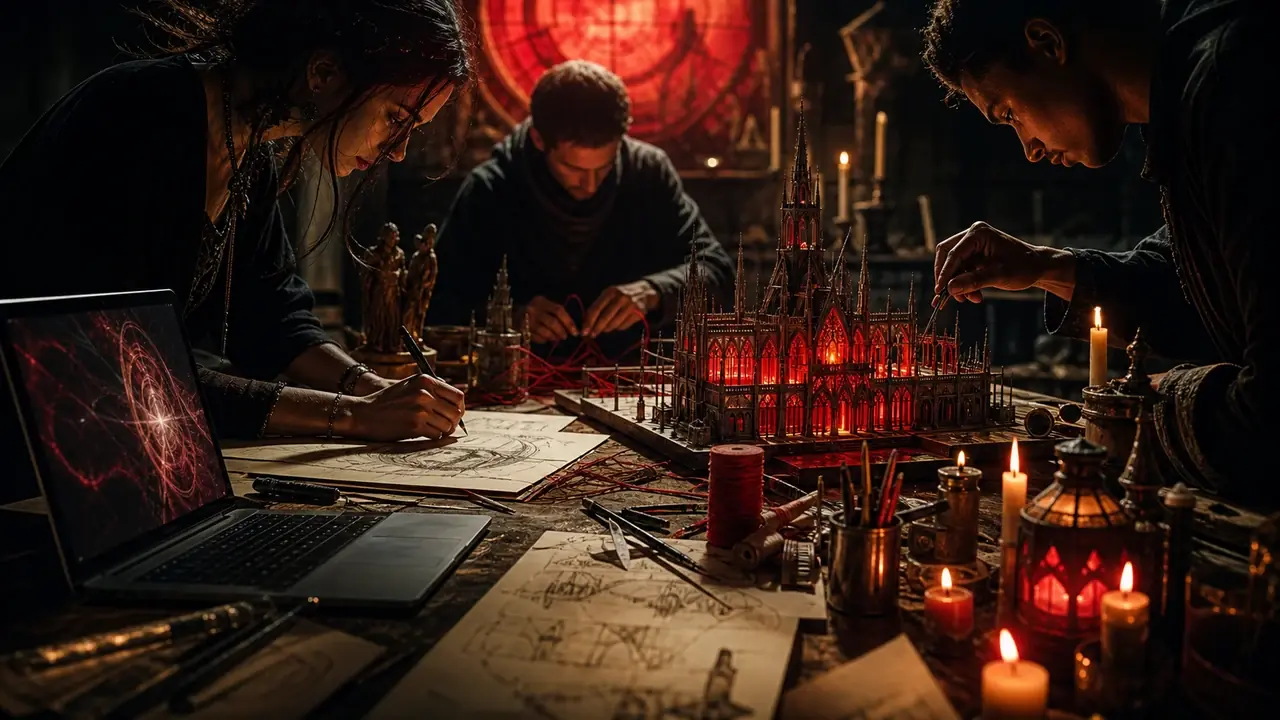 A scarlet-lit workshop altar for writing, code, art, and prayer