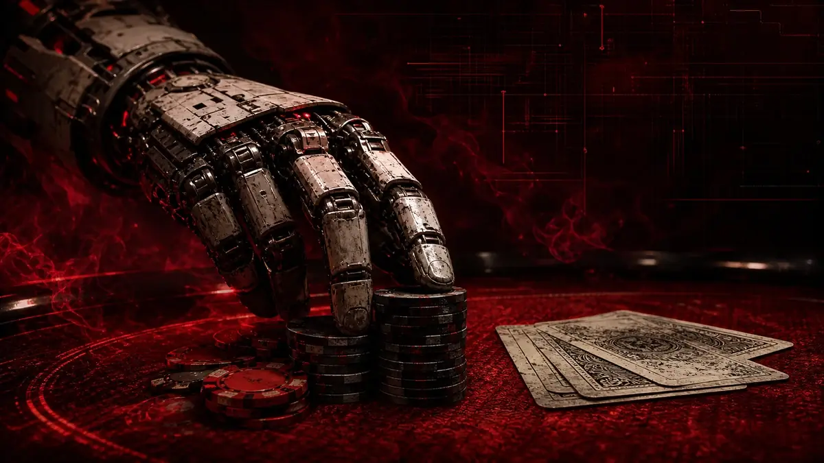 A mechanical hand pushing poker chips forward under scarlet surveillance circuitry