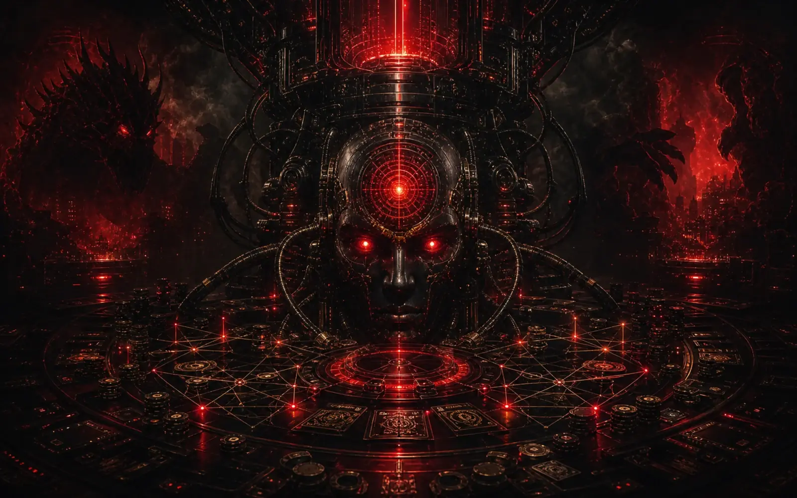 A scarlet-lit machine intelligence table with cards, chips, and neural circuitry