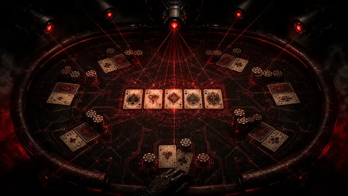 A scarlet machine vision system scanning cards and chips on a dark poker table