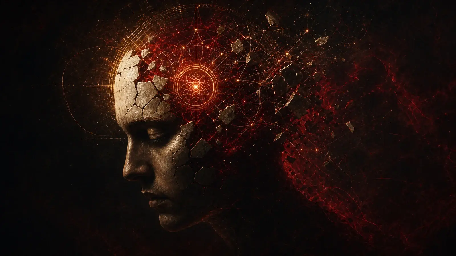 A shadowed profile with a scarlet neural halo and dissolving mask fragments