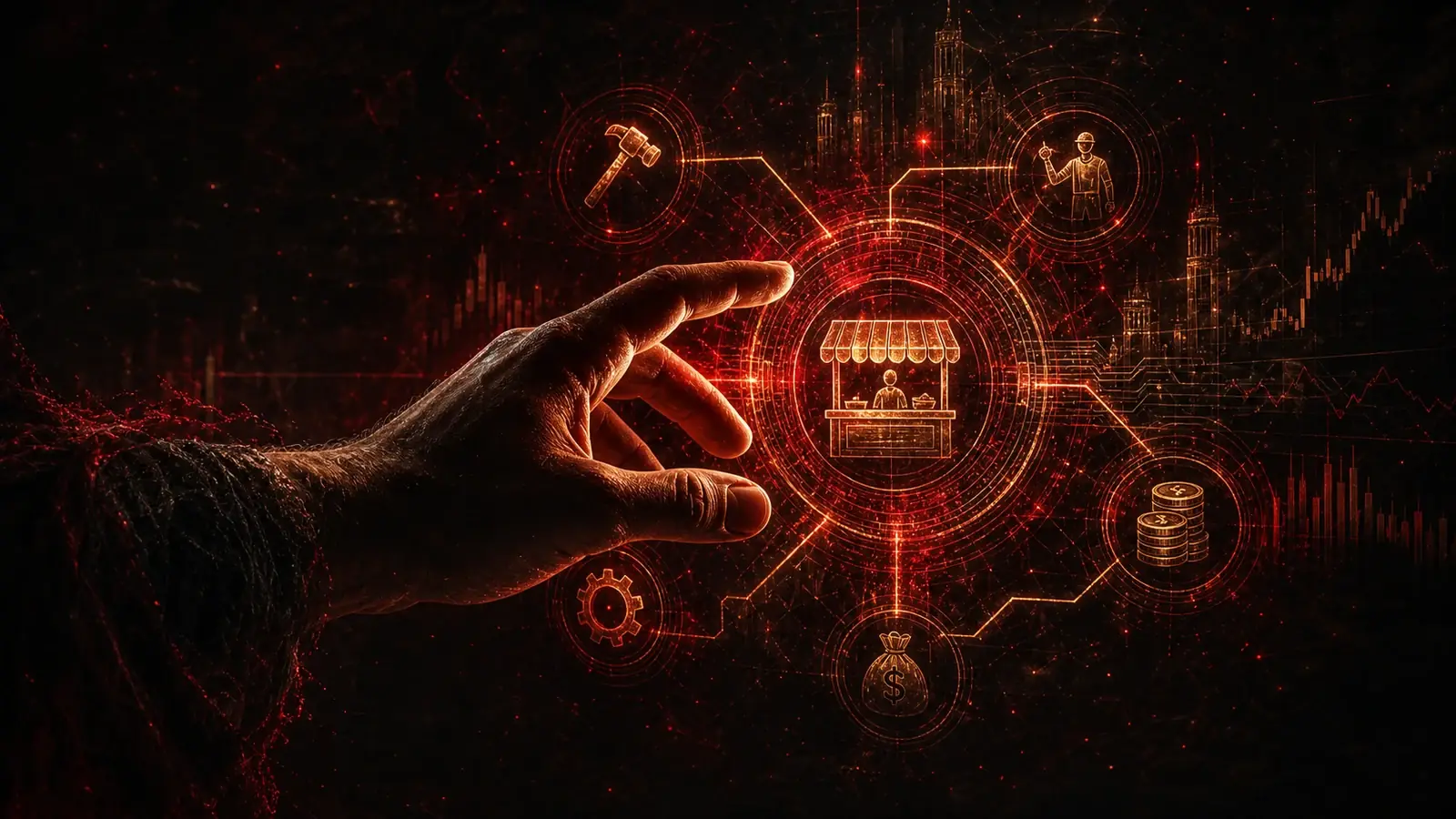 A hand reaching toward a scarlet and gold algorithmic trade interface