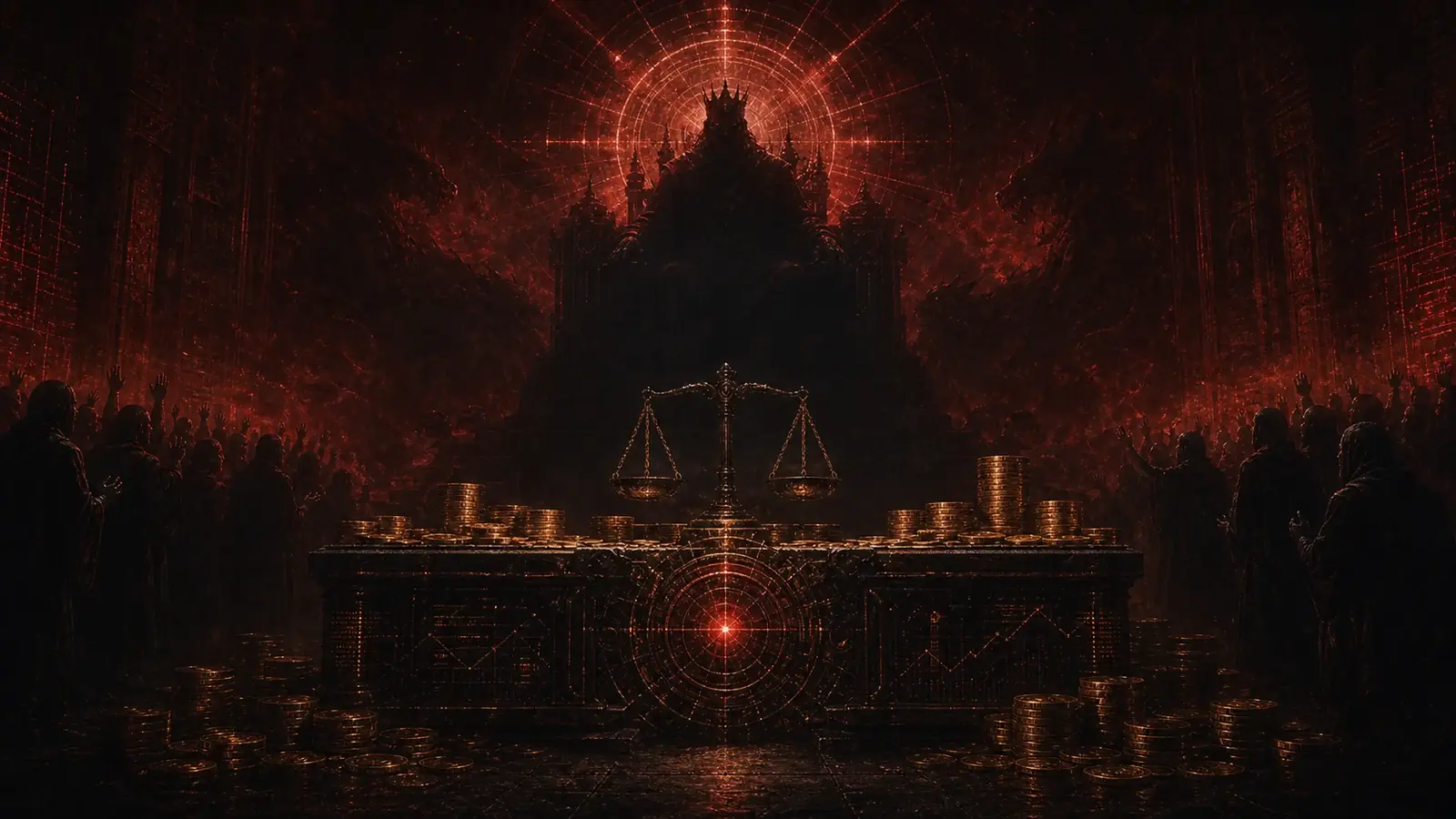 A dark financial altar with glowing coins and a machine-like throne silhouette