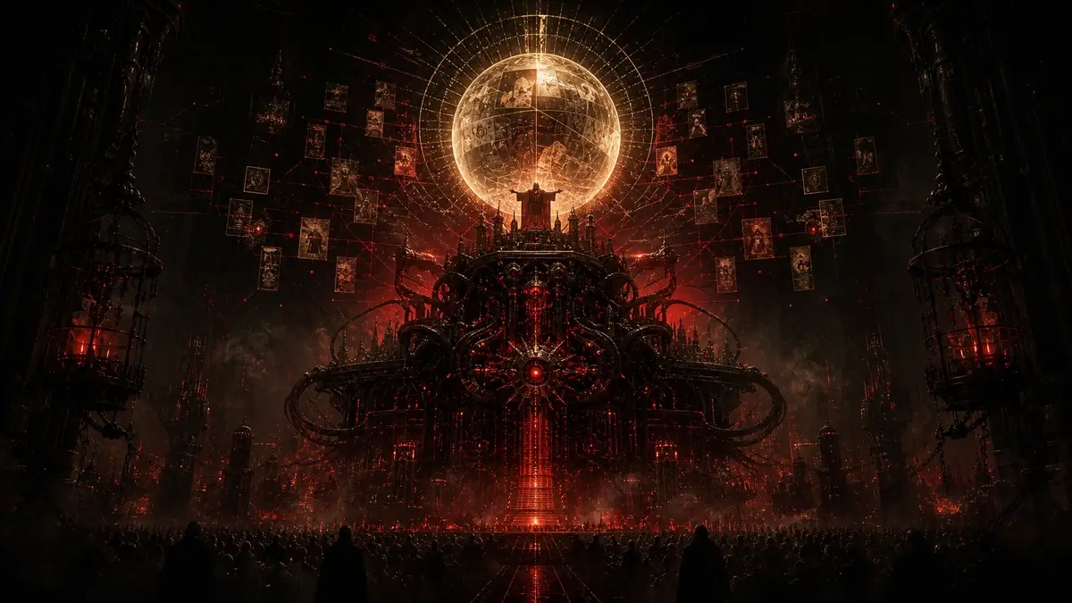 A vast scarlet machine cathedral carrying a golden spectacle above a dark crowd