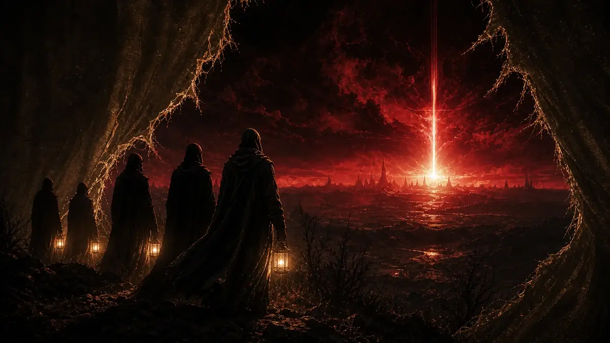 Hooded witnesses holding lanterns before a torn veil and scarlet horizon