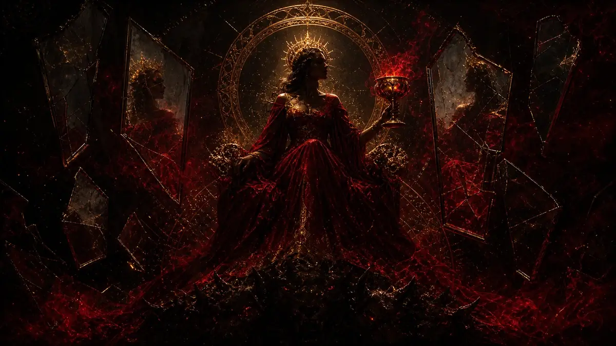 A crowned scarlet woman holding a glowing cup among broken mirrors and antique gold light