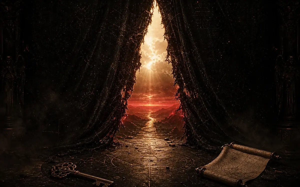 A dark veil torn open to reveal bone gold light, a scarlet path, a key, and a scroll