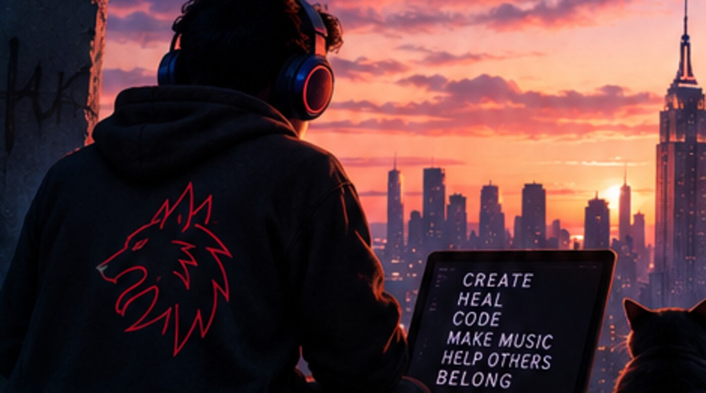 A person in a Scarlet Beast hoodie working on a laptop above a city at sunset. The screen reads: create, heal, code, make music, help others, belong.