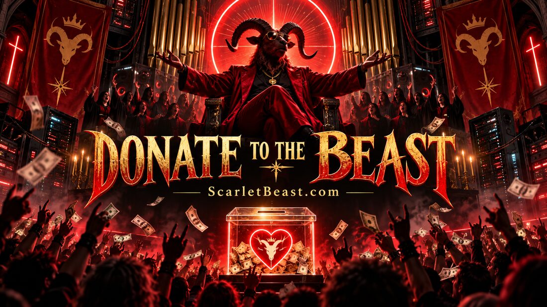 Donate to the Beast poster: a preacher before a crowd, money raining down.