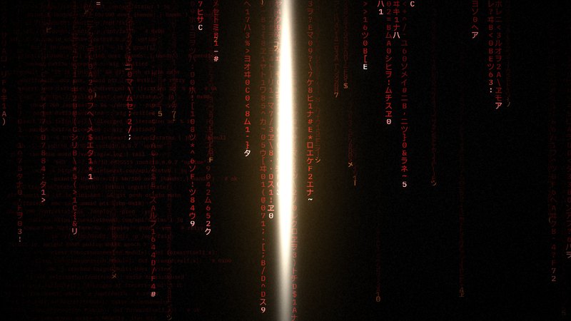 A single shaft of light standing out of a field of falling red code