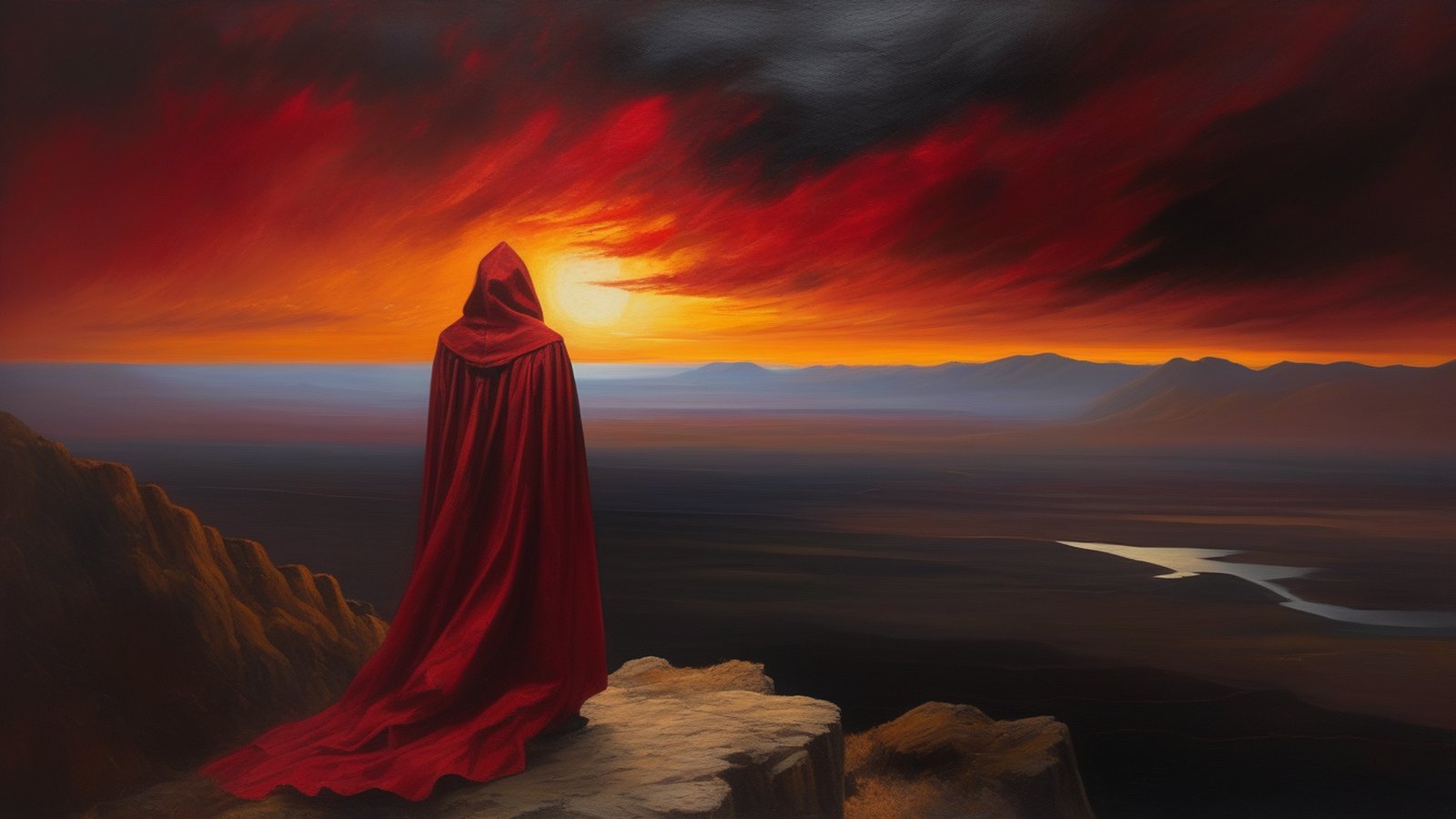 A figure in a scarlet cloak on a cliff edge, facing a sky split between black storm and red dawn