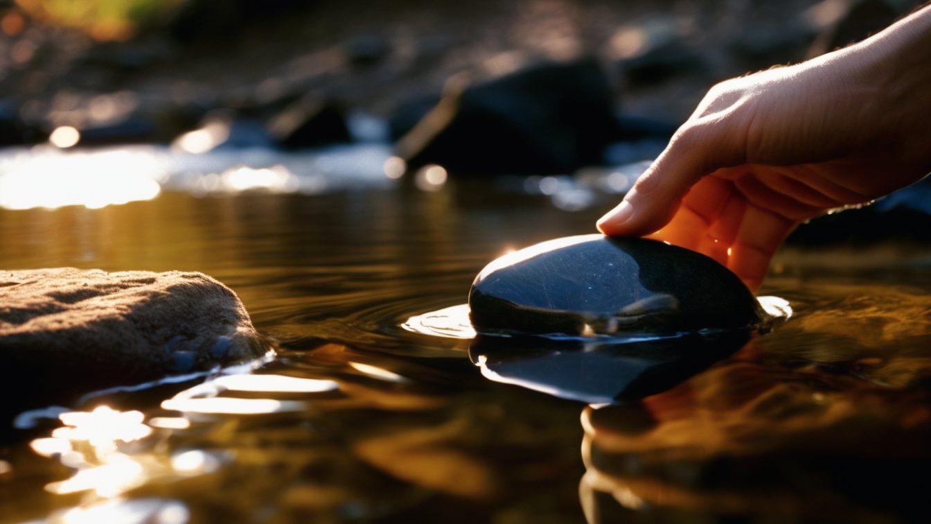 A hand sets a smooth dark stone down into a sunlit creek