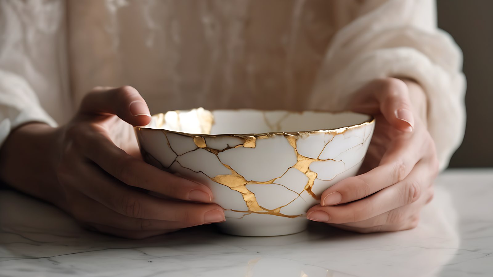 Two hands holding a white ceramic bowl mended with shining gold seams in morning light