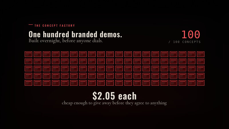 A grid of one hundred generated demo previews lit in scarlet