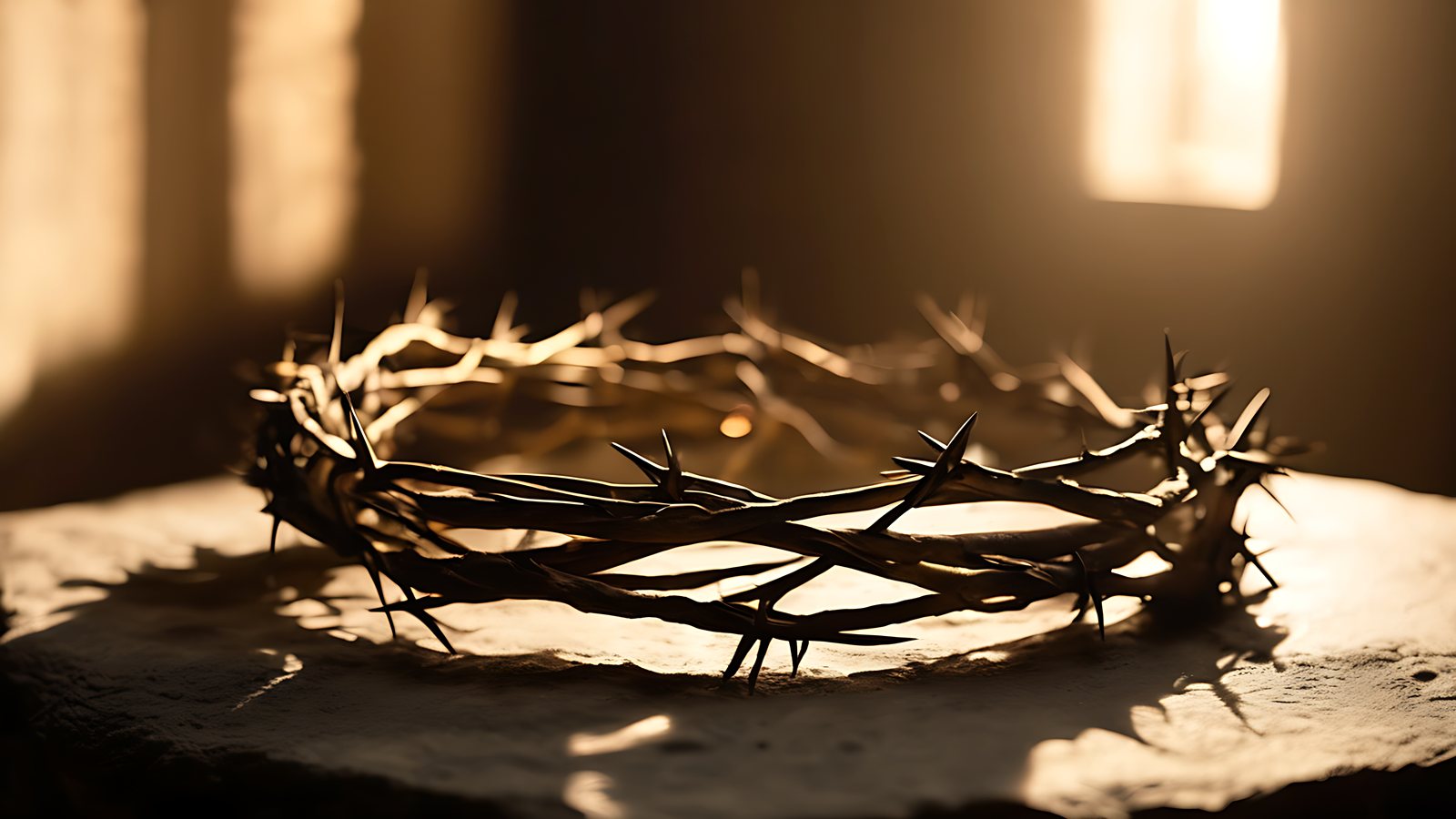 A crown of thorns resting on a stone altar in a single shaft of golden light