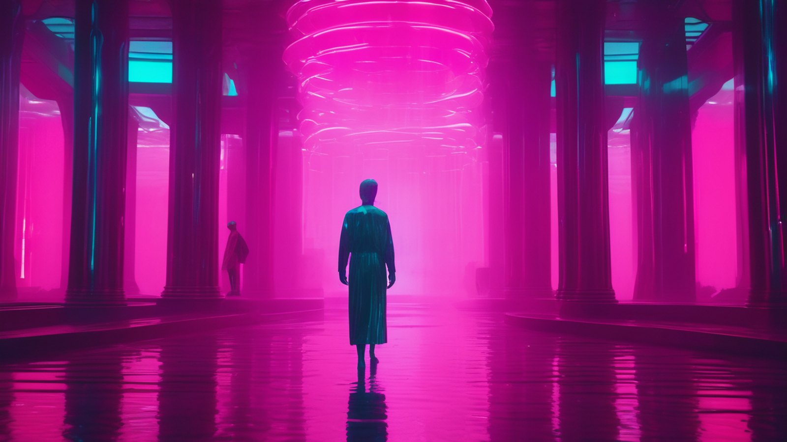 A figure made of water walking through a neon glass temple