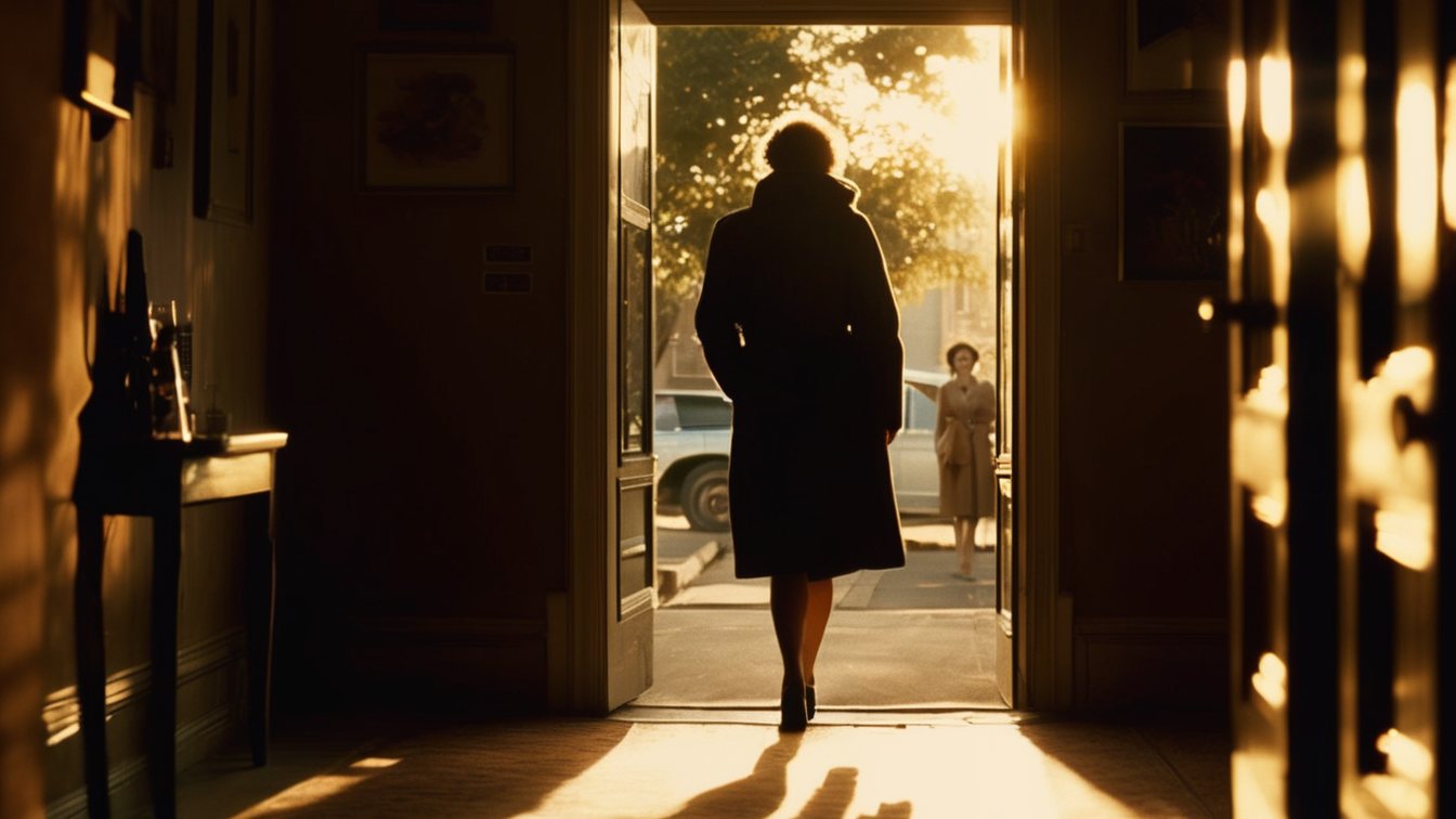 A woman in a long coat walks out through an open doorway into low golden sunlight on a street
