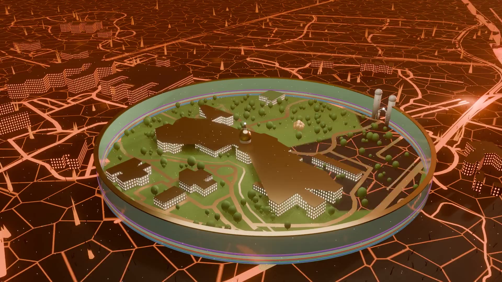 Aerial render: the Trenton Psychiatric Hospital grounds as a green, golden city inside a round jasper wall, surrounded by a dark land cut with glowing lava cracks