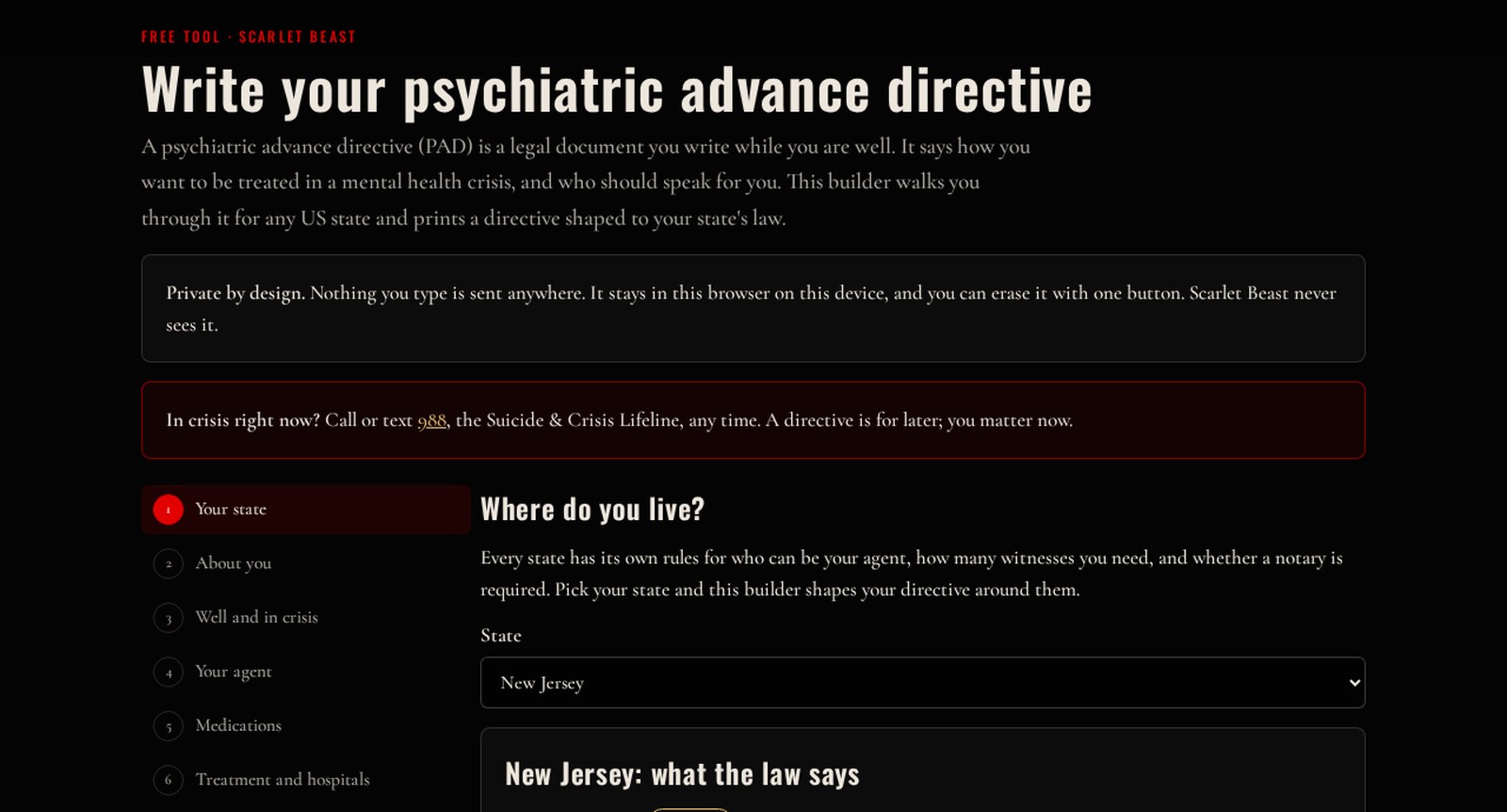 The Scarlet Beast psychiatric advance directive builder, open on New Jersey