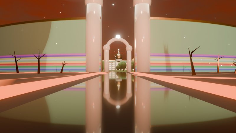 An obsidian causeway leading to a pearl gate in a jasper wall with bands of coloured stone