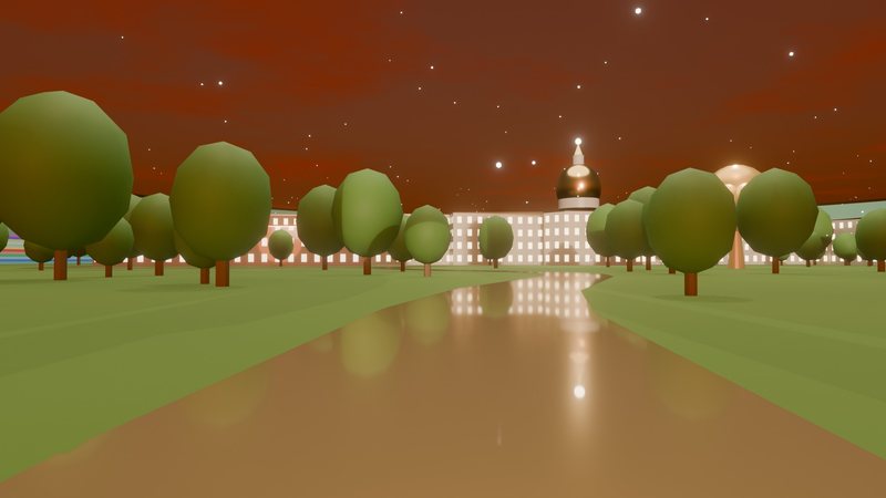 A mirror-gold road through green lawns toward a white building with a gold dome