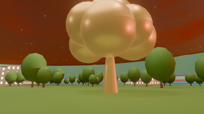 A golden tree on a lawn among green trees