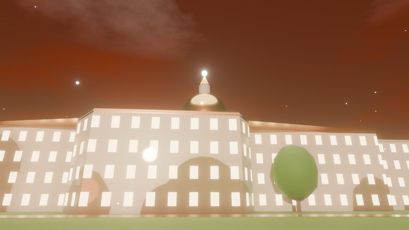The white marble main building with lit windows under a gold dome