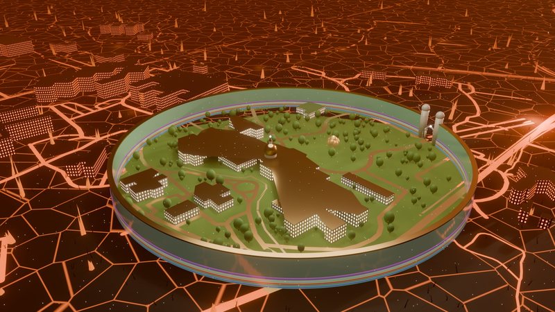 Aerial render of the Trenton Psychiatric Hospital grounds as a golden walled city inside a burning land