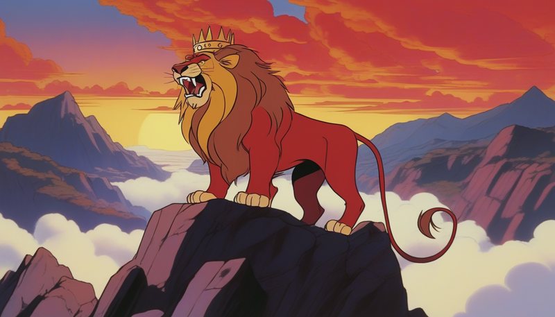 A scarlet and gold lion beast with a crown roaring on a cliff at sunrise