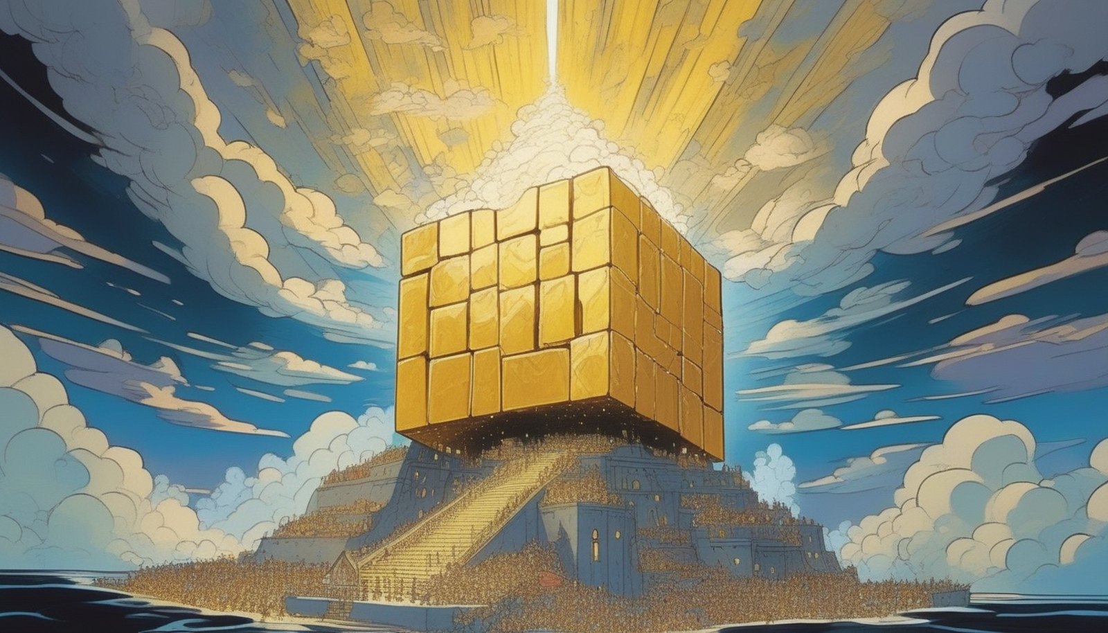 The golden city breaking down through the clouds over a town