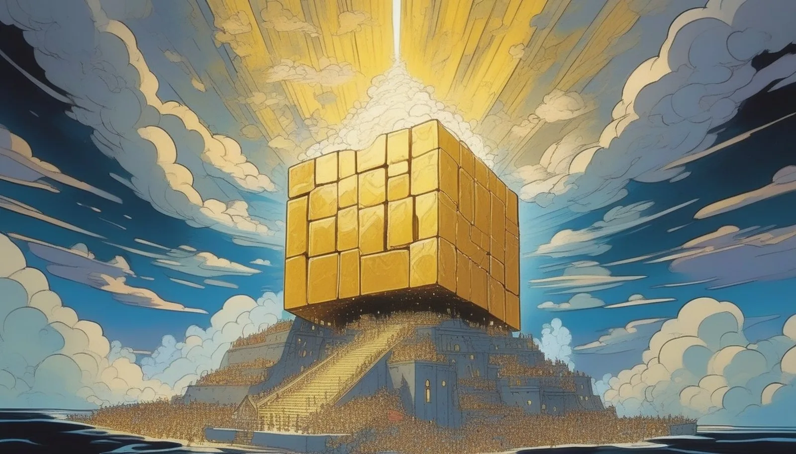 The golden city breaking down through the clouds over a town