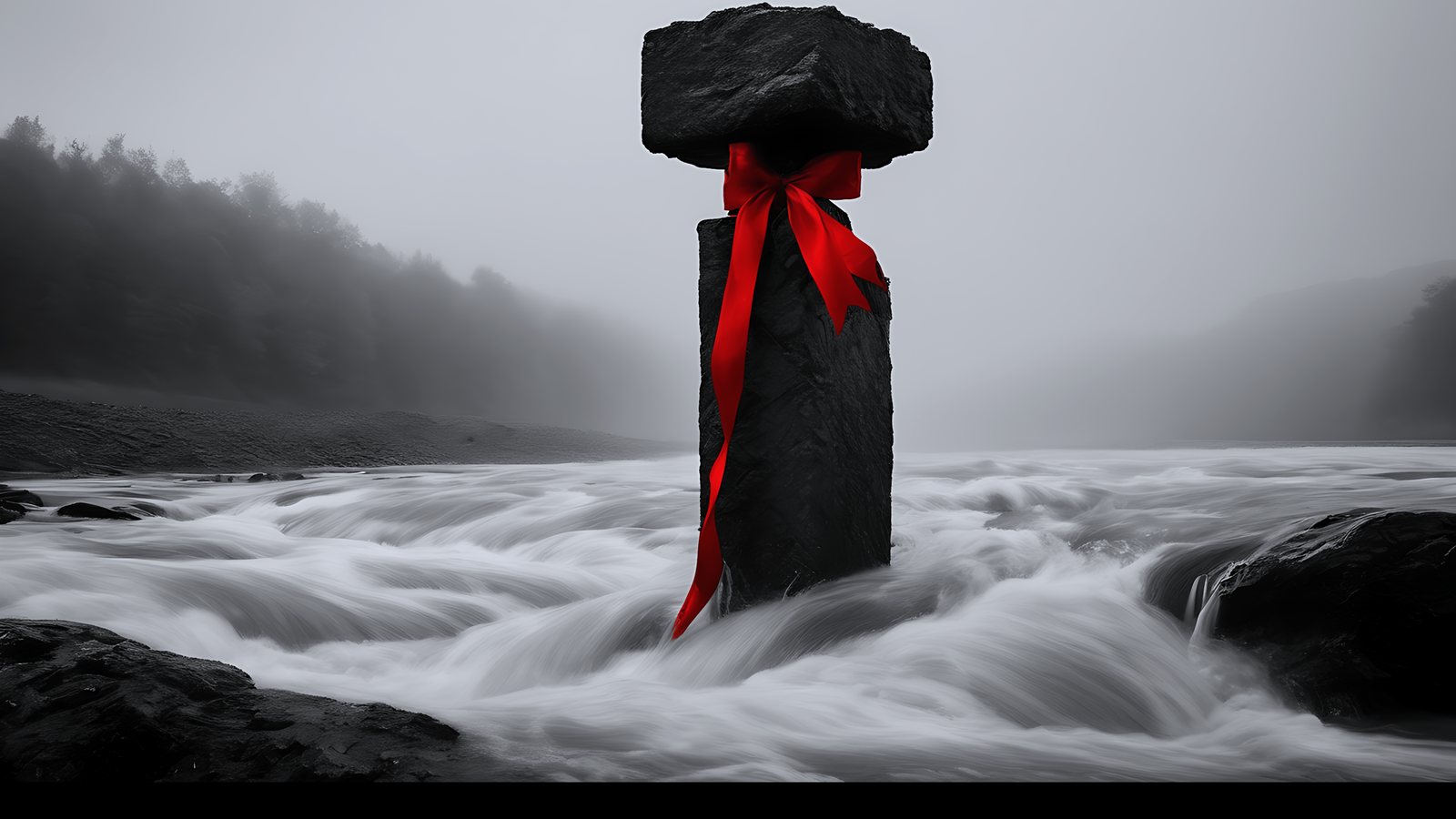 A black stone pillar standing in a rushing river, rendered in black and white with a single scarlet ribbon