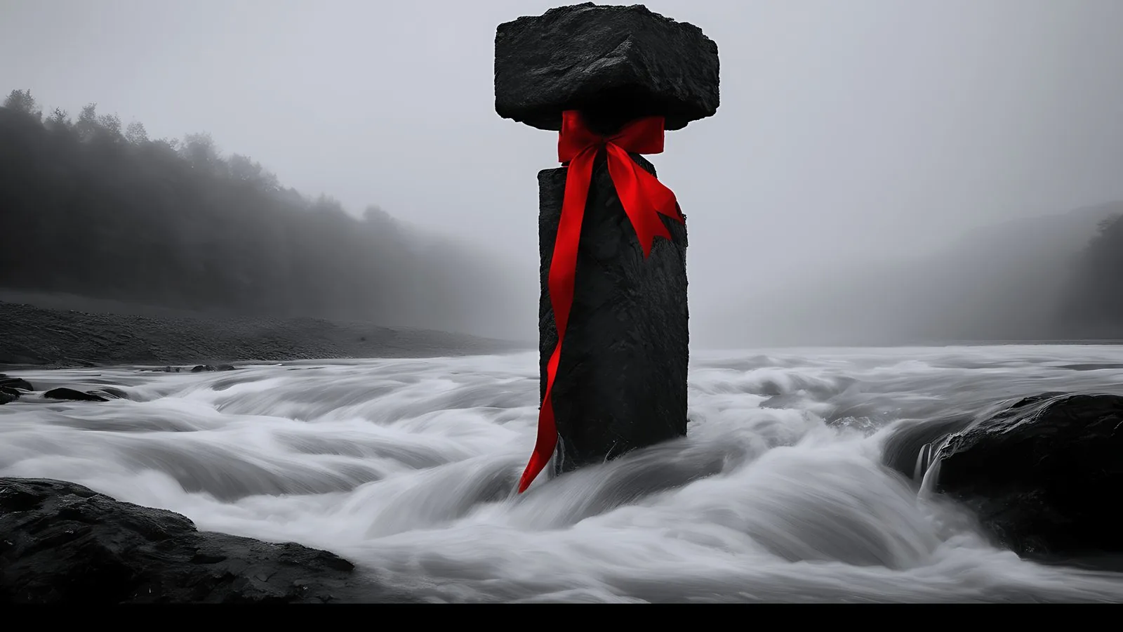 A black stone pillar standing in a rushing river, rendered in black and white with a single scarlet ribbon