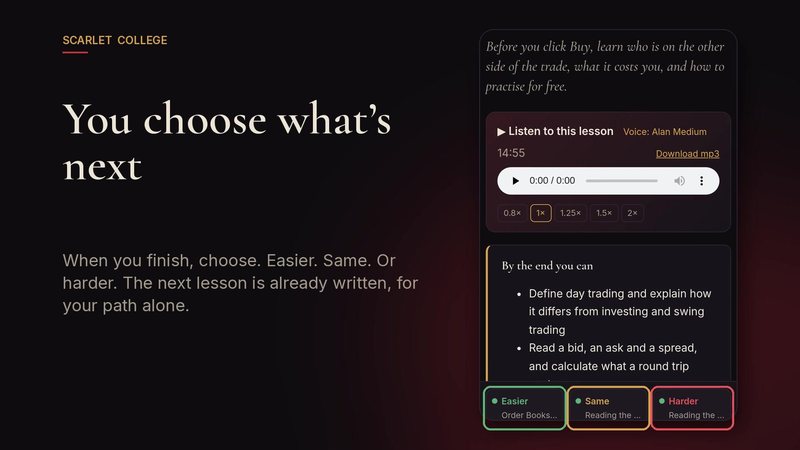 Scarlet College on a phone: a lesson with its Easier, Same and Harder buttons