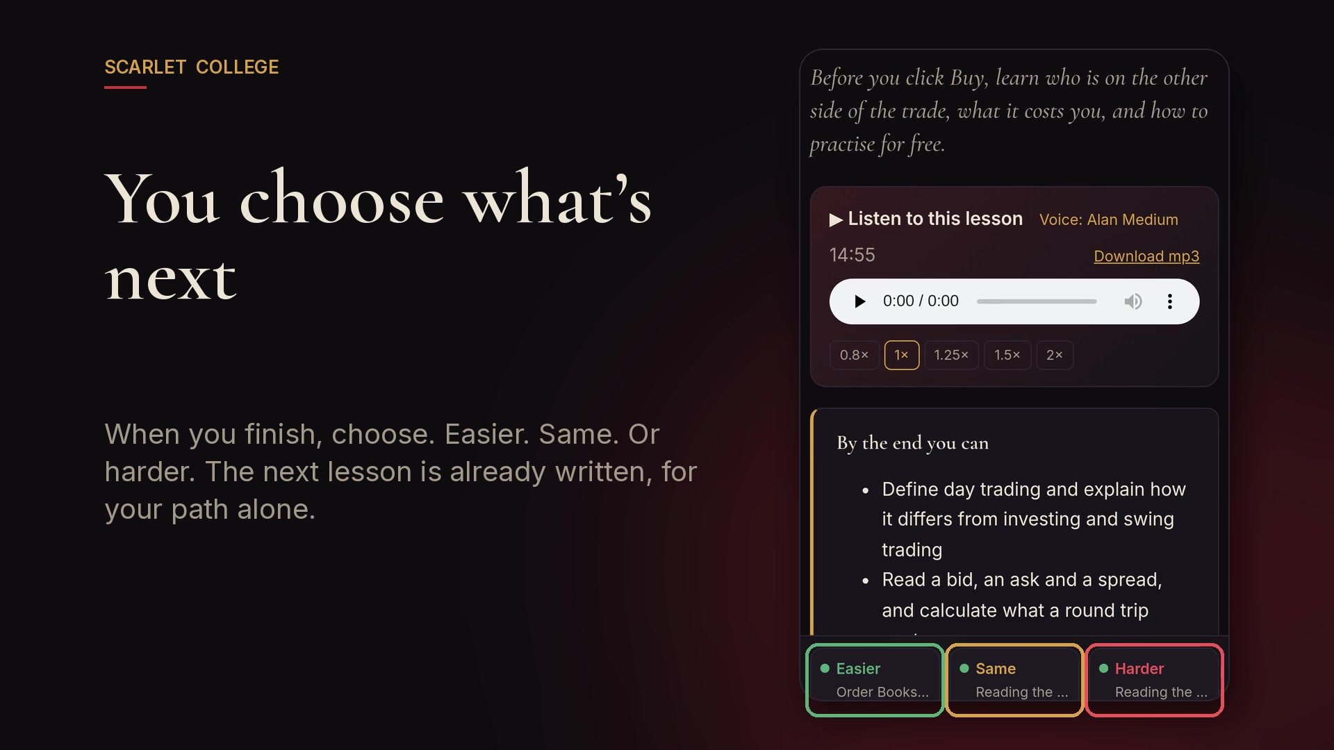 Scarlet College on a phone: a day-trading lesson with its Easier, Same and Harder next-lesson buttons highlighted